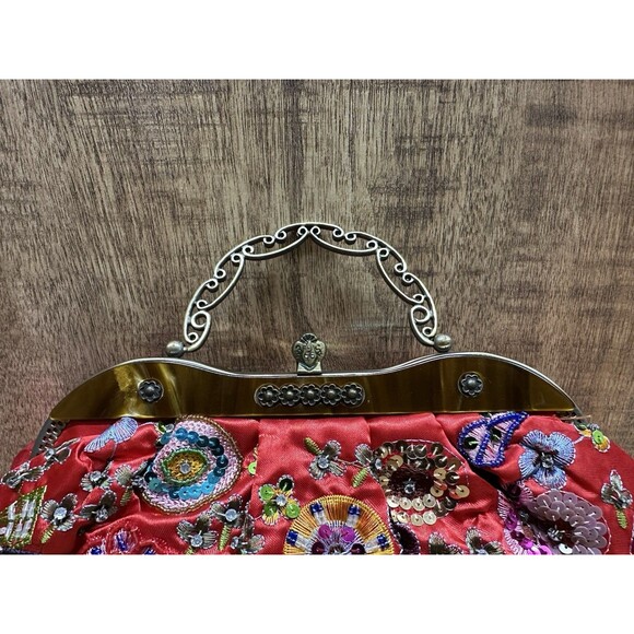 Y2K - Vintage red beaded embroidered purse with top handle and crossbody chain - Picture 6 of 14